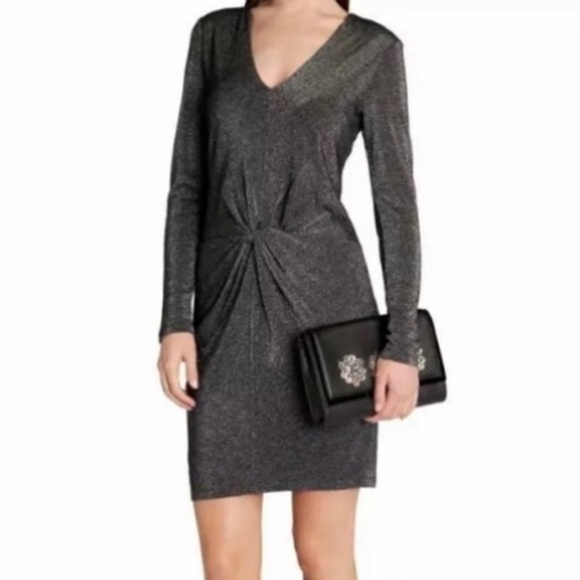 Ted Baker Lizzet Twist Deep V Long Sleeve Metallic Silver Mini Dress 2 (Ted 0) - Picture 14 of 14